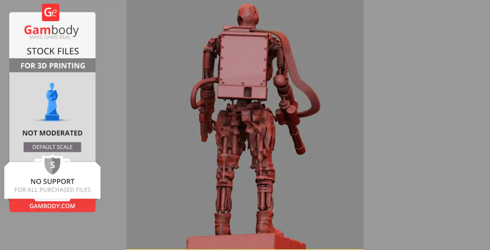 Rear view of a detailed T-600 Terminator 3D model for printing, showcasing mechanical parts and tubing.