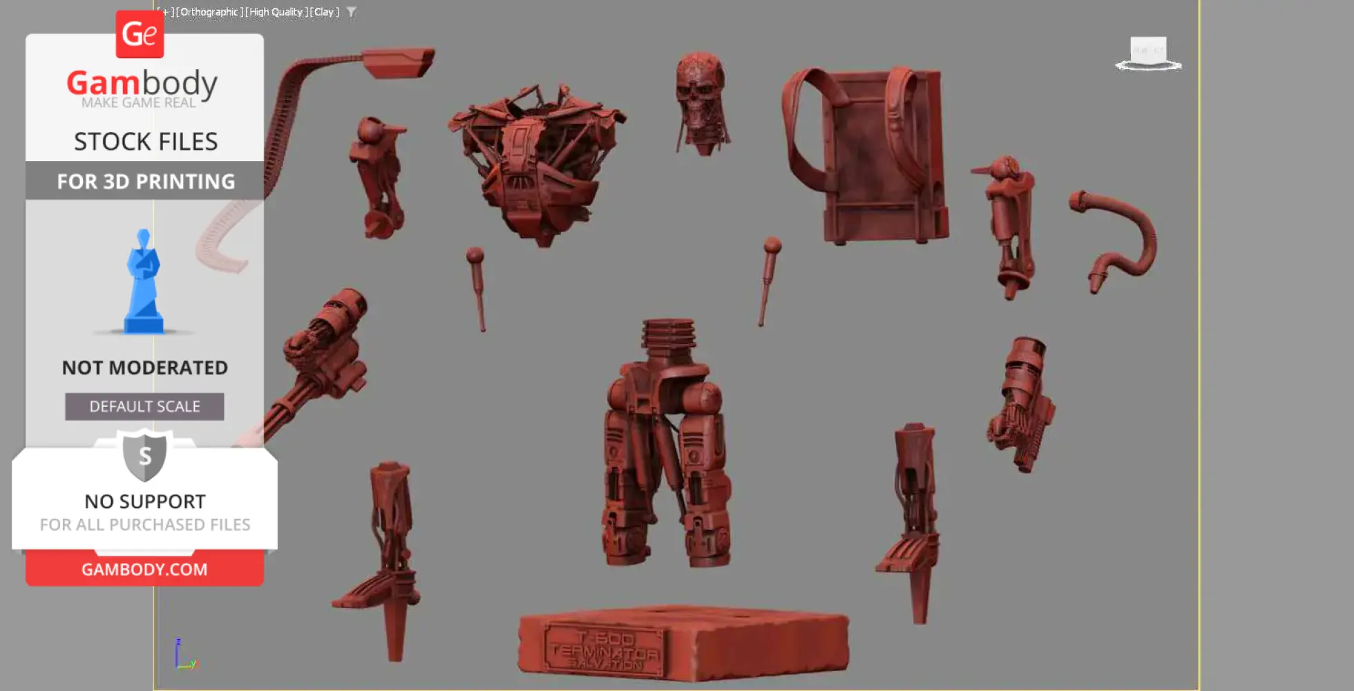Red 3D printable parts of the T-600 Terminator, including torso, limbs, and head, arranged on a grey background.