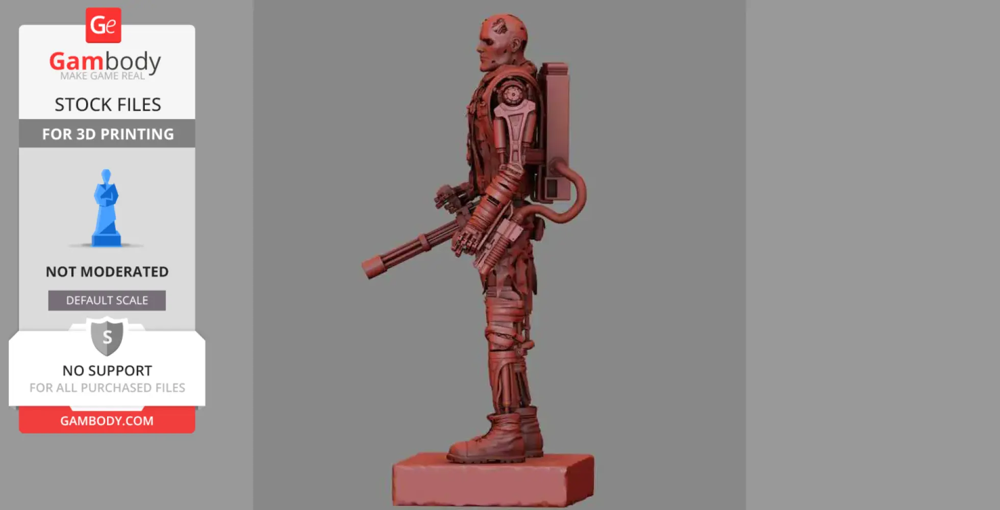 Rugged T-600 Terminator model with weapon, detailed sci-fi design, ready for 3D printing.