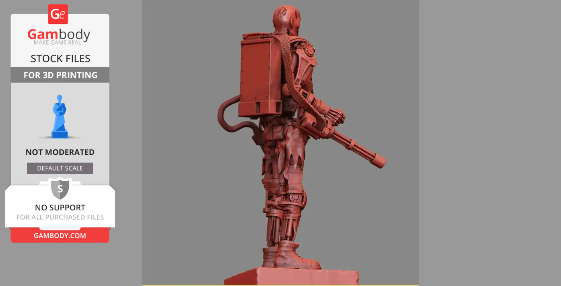 A 3D model of a T-600 Terminator holding a large weapon, with a detailed mechanical design.