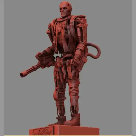 A detailed 3D model of a T-600 Terminator with a futuristic weapon, designed for 3D printing.