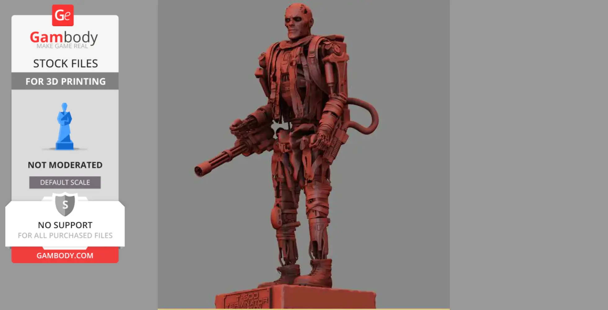 Red 3D model of T-600 Terminator with a weapon, detailed robotic features, on a base.