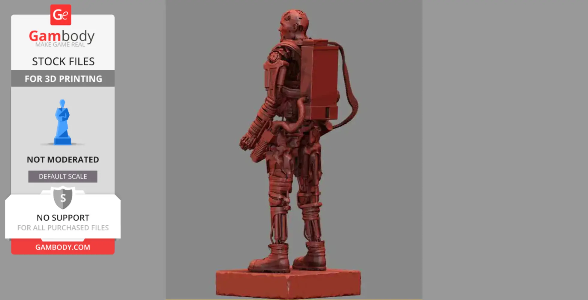 Red 3D model of a T-600 Terminator with detailed mechanical features on a display base.