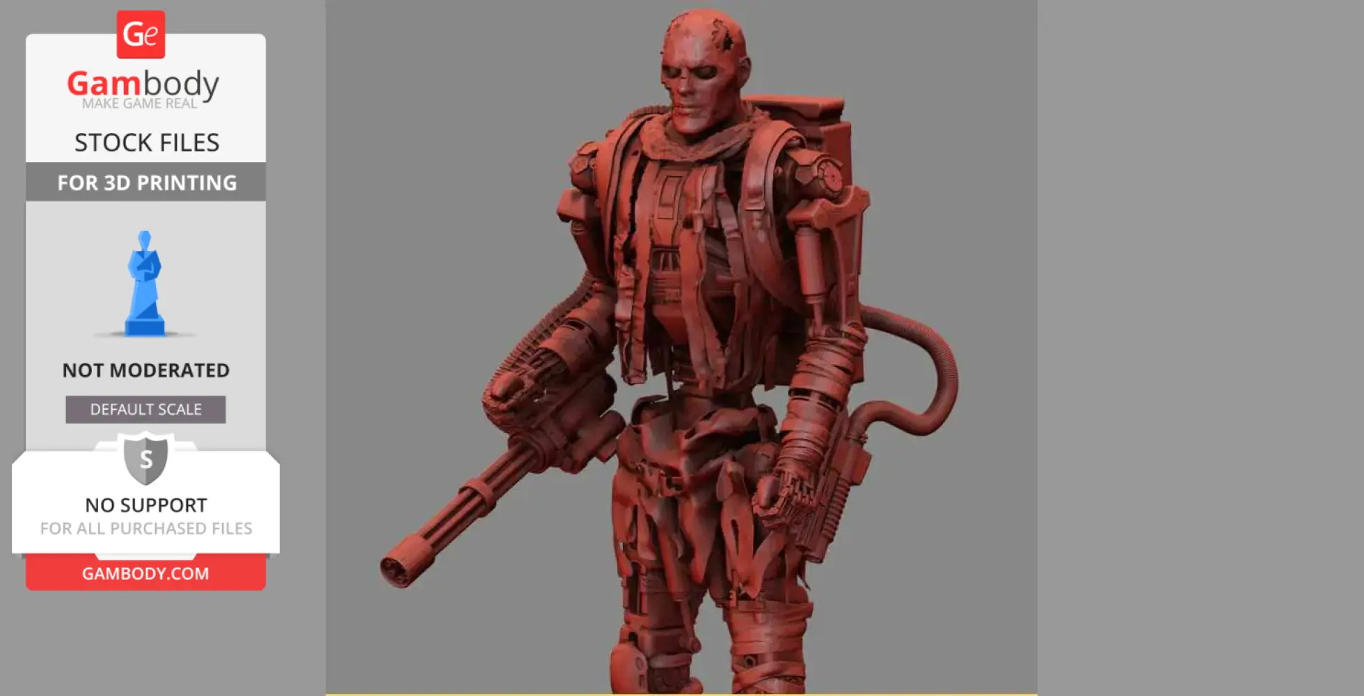 A detailed T-600 Terminator 3D model in a red tone, designed for 3D printing.