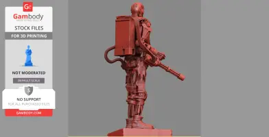 A 3D model of a T-600 Terminator holding a large weapon, with a detailed mechanical design.