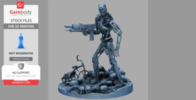 A detailed 3D model of a T-800 Terminator standing on a base of skulls and debris, holding a futuristic weapon.