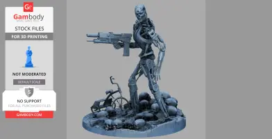 Robotic skeleton with a weapon stands on skulls and debris in a detailed 3D model.