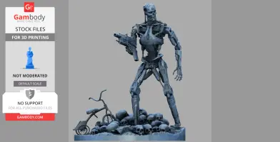 A detailed 3D model of a Terminator T-800 endoskeleton standing on a base of skulls and a broken tricycle.
