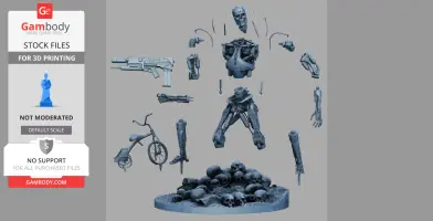 Exploded view of T-800 endoskeleton 3D print parts, featuring a skull base and additional elements.