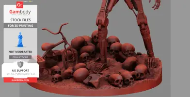 Terminator T-800 legs on a base with skulls, bones, and a broken bicycle for 3D printing.