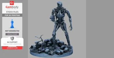 A detailed 3D model of a T-800 endoskeleton, standing on a base with skulls and debris.