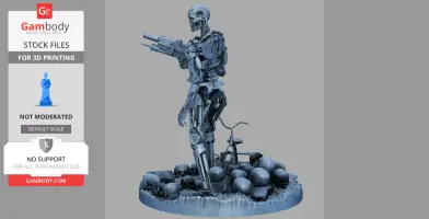 A detailed T-800 endoskeleton model standing on a base adorned with skulls and a bicycle, ready for 3D printing.