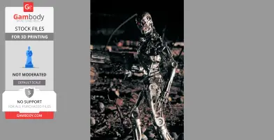 A robotic endoskeleton holding a large weapon in a dark, rubble-strewn environment.