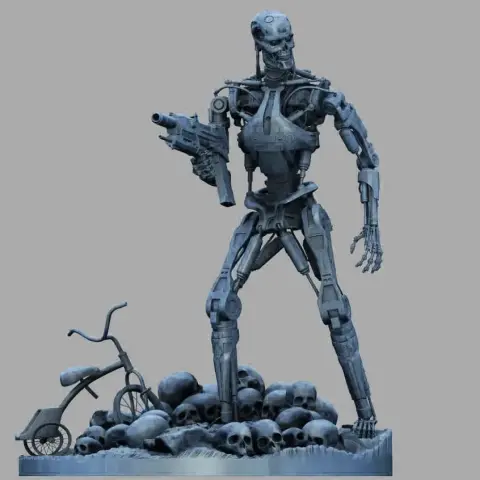 A detailed 3D model of a T-800 endoskeleton holding a gun, standing on skulls and a broken tricycle.