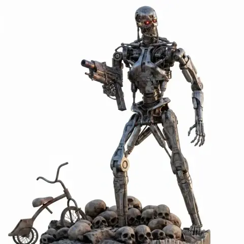 A detailed 3D model of a T-800 endoskeleton holding a gun, standing on skulls and a broken tricycle.