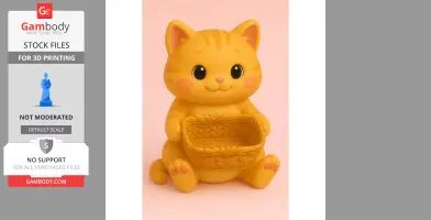 A cute cartoon cat holding a detailed gift basket, designed for 3D printing.
