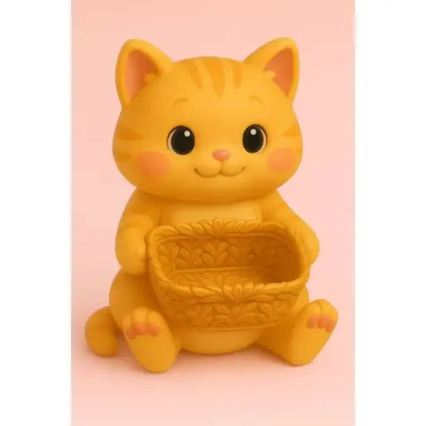 A cute orange cat with big eyes, holding an ornate gift basket, sitting on its hind legs.