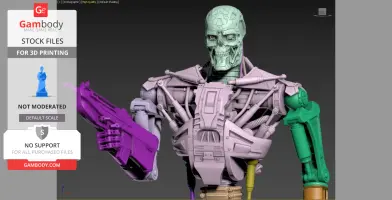 A 3D model of a T-600 Terminator robot with detailed mechanical features and a futuristic weapon.