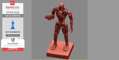 A red 3D model of a T-600 Terminator robot holding a gun, standing on a base.