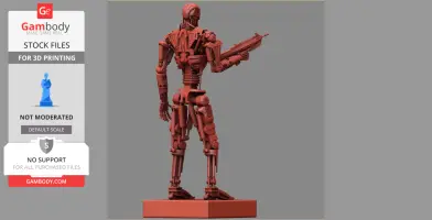 A 3D model of a robotic figure holding a weapon, standing on a base, viewed from the back.