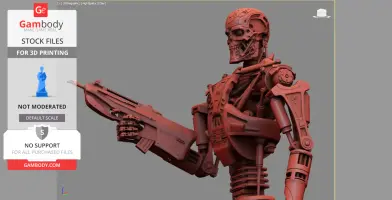 A detailed 3D model of a T-600 Terminator with a large futuristic gun, highlighting mechanical features.
