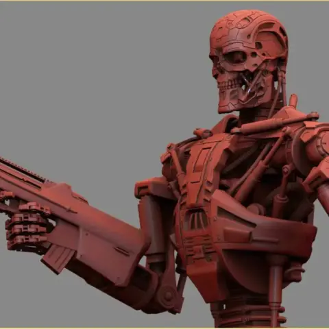 A detailed 3D model of a T-600 Terminator, showcasing its skeletal structure and weaponry.