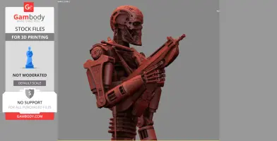 A 3D model of a T-600 Terminator holding a weapon, designed for 3D printing.