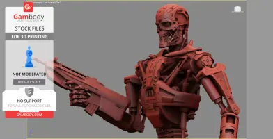 A detailed 3D model of a robot skeleton holding a weapon, designed for 3D printing.