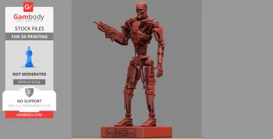 Red 3D model of a T-600 Terminator holding a gun, standing on a labeled base.
