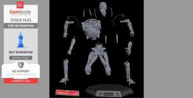 Disassembled T-800 Terminator model for 3D printing, featuring anatomical parts and a display base.