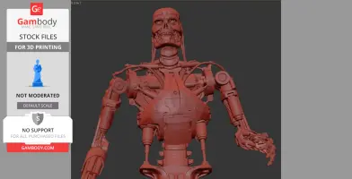 A 3D model of a detailed T-800 Terminator robot torso, showing mechanical parts and intricate features.