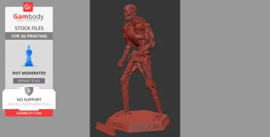 A detailed 3D model of a T-800 Terminator robot on a base, ready for 3D printing.