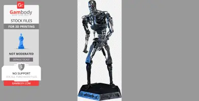 A detailed 3D model of the T-800 Terminator, showcasing its robotic skeletal structure and standing pose.
