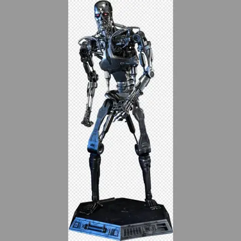A detailed 3D model of a T-800 Terminator standing on a display base.