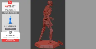 A 3D model of a T-800 Terminator in a walking pose on a display base.