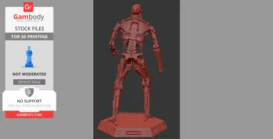 Terminator T-800 3D model from back view, displayed on a base, ready for 3D printing.