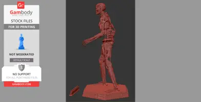 Red 3D model of a T-800 Terminator skeleton in a standing pose on a base.