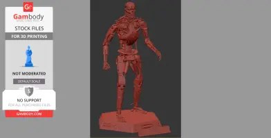 A detailed 3D model of a T-800 Terminator robot for printing, standing on a hexagonal base.