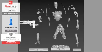 Terminator T-800 endoskeleton parts and accessories displayed for 3D printing preparation.