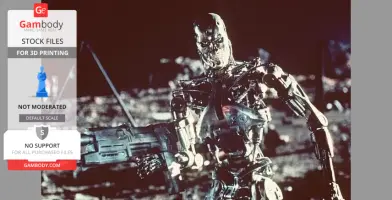 A detailed 3D model of a metallic, humanoid robot with exposed skeletal structure and weapon.