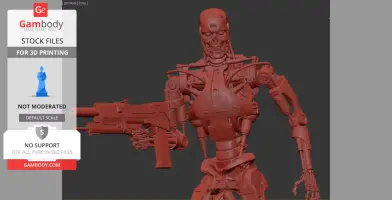 3D model of a T-800 endoskeleton from Terminator, holding a weapon, designed for 3D printing.