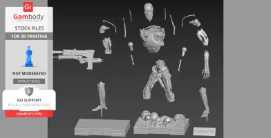 Disassembled T-800 Endoskeleton model parts for 3D printing, including skull, limbs, and base.