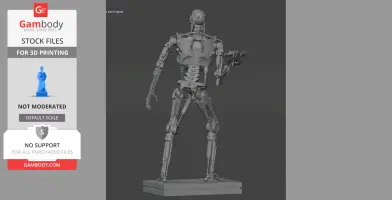 3D model of a robotic skeleton with a gun, standing on a base. Designed for 3D printing.