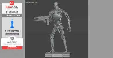 A detailed 3D model of a Terminator T-800 endoskeleton holding a gun, designed for 3D printing.