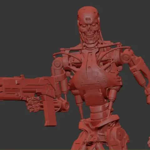 A detailed 3D model of a T-800 endoskeleton holding a gun, designed for 3D printing.
