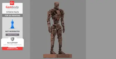 A detailed 3D model of a T-600 Terminator from 'Terminator Salvation' on a display base for printing.