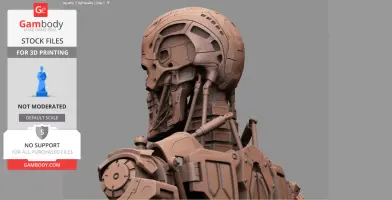 A detailed 3D model of a robotic skeleton head and upper body, featuring mechanical components.