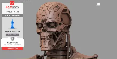 A detailed 3D model of a T-600 Terminator head with mechanical features and complex designs.