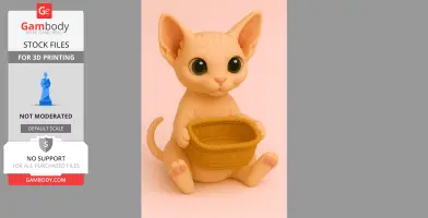 A cute Sphynx cat figurine holding an empty basket, designed for 3D printing.
