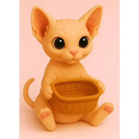 Cute Sphynx cat figurine with large eyes holding a decorative gift basket, designed for 3D printing.